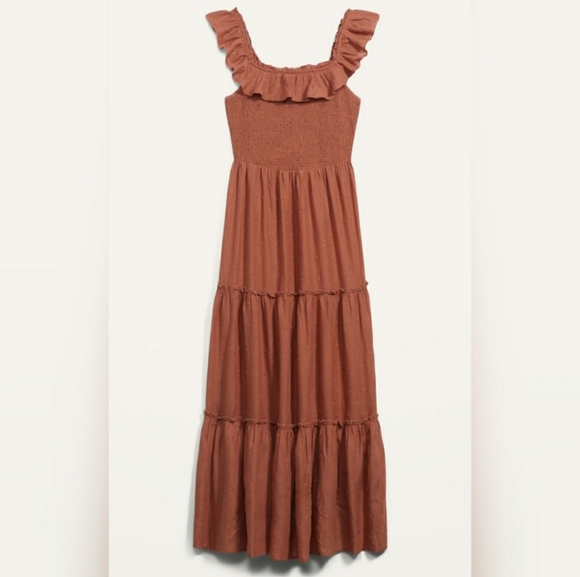 old navy brown ruffle dress Sleeveless Button Front Knitted Maxi Dress in Brown